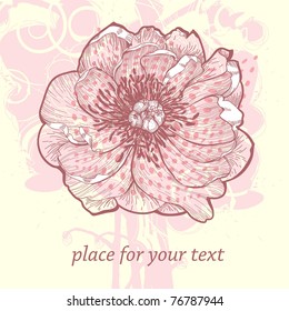 vector illustration of a single blooming peony on an abstract gentle background