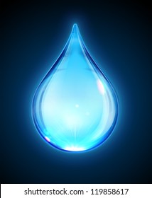 Vector Illustration Of A Single Blue Shiny Water Drop Isolated On Dark Background.