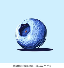 Vector illustration of a single blueberry on a light blue background. Hand-drawn style, vibrant colors, sketch texture, realistic fruit detail, healthy food, isolated berry, organic, artistic drawing.