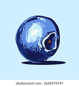 Vector illustration of a single blueberry on a light blue background. Hand-drawn style, vibrant colors, sketch texture, realistic fruit detail, healthy food, isolated berry, organic, artistic drawing.