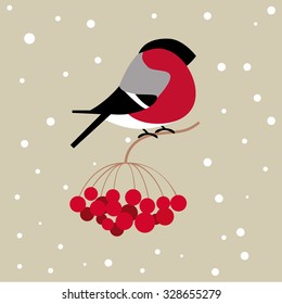 Vector illustration of a single bullfinch on a branch of rowan.