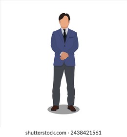 Ilustración vectorial de un solo modelo de personaje de hombre de negocios en estilo plano de dibujos animados. Exitoso hombre de negocios, trabajador, gerente, jefe en un traje de pie con bolsa de oficina y teléfono inteligente. Vestir traje formal