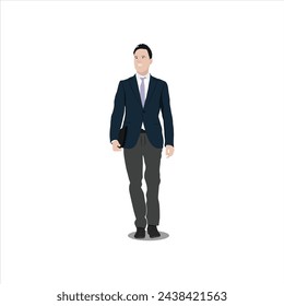 Vector illustration of single businessman character model in cartoon flat style. Successful businessman, worker, manager, boss in a suit standing with office bag and smartphone. Wearing formal suit
