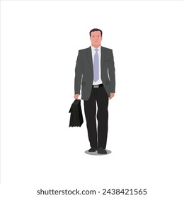 Vector illustration of single businessman character model in cartoon flat style. Successful businessman, worker, manager, boss in a suit standing with office bag and smartphone. Wearing formal suit