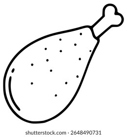 A vector illustration of a single chicken leg, featuring a simple, hand-drawn style with black outlines and subtle dotted texture, perfect for menu design or food-related projects.