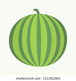 Vector illustration: single circle flat green watermelon icon with stalk and striped green peel in retro style isolated on white background