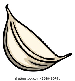 Ilustração vetorial de um único dente de alho, desenhado à mão, com contornos negrosos pretos e tons beges, apresentando a sua forma curva e textura detalhada.