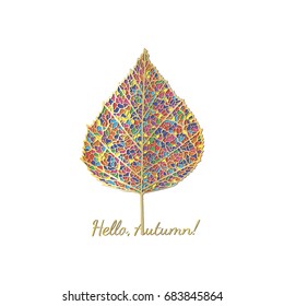 Vector illustration. Single colorful autumn leaf decorated with a gold outline. The pattern is suitable for decorating greeting cards, stickers, stationery.