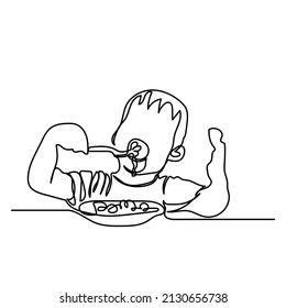 vector illustration of single continuous line children eating