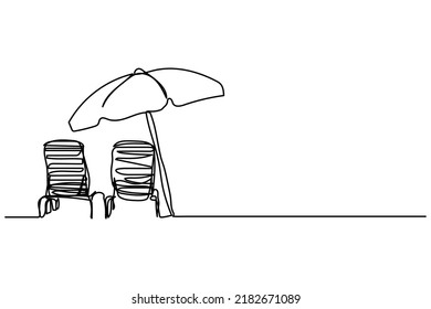 Vektorgrafik einzelne, handgezeichnet gezeichnete, kontinuierliche Linie, mit Sonnenbaden am Strand mit Liegestühlen und Sonnenschirmen