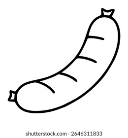 Ilustração vetorial de uma única salsicha curvada com um esboço preto arrojado e detalhes de linha simples, apresentando um estilo de design minimalista perfeito para projetos culinários ou alimentares.