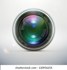 Vector illustration of a single detailed camera lens icon isolated on soft background