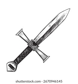 Ilustración vectorial de un solo cuchillo detallado con mango en forma de cruz, dibujado en blanco y negro, creando un símbolo de arma audaz sobre fondo liso.