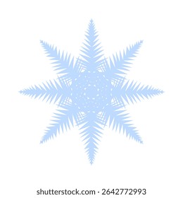 Ilustración vectorial de un solo copo de nieve detallado. Forma simétrica geométrica, tonos azules y blancos helados, aislados sobre fondo transparente. Perfecto para el diseño de invierno, tarjetas de Navidad, 