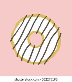 Vector illustration of the single doughnut on the pink background.
Chocolate decoration in brown and white color.
Cute snack with stripes.