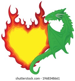 Vector illustration of the single dragon holding on to the heart in the form of a burning flame