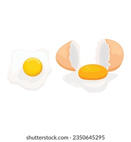 Vector illustration of single egg or set eggs cracked in cartoon flat style. Farmer product, organic farm food icons and logo. Natural chicken eggs healthy protein isolated on white background