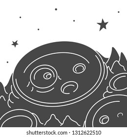 Vector illustration: single flat black and white moon satellite with crater surface in cosmos isolated on white background. Icon for learning astronomy, astrophysics science and cosmic discovery
