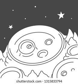 Vector illustration: single flat black and white moon satellite with crater surface in cosmos isolated on black background. Icon for learning astronomy, astrophysics science and cosmic discovery