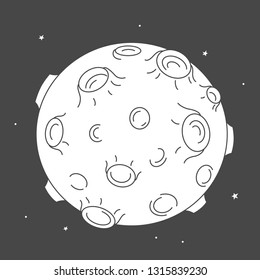 Vector illustration: single flat black and white moon satellite with crater surface in cosmos isolated on black background. Icon for learning astronomy, astrophysics science and cosmic discovery,
