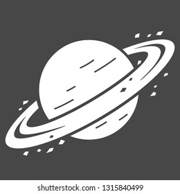 Vector illustration: single flat black and white saturn platet with rings in cosmos isolated on black background. Icon for planetarium, learning astronomy, astrophysics science and cosmic discovery,
