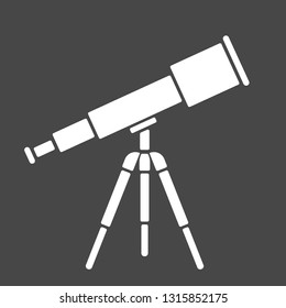 Vector illustration: single flat black and white telescope with tripod isolated on black background. Icon for planetarium, observatory, learning astronomy, astrophysics science and cosmic discovery,