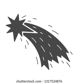 Vector illustration: single flat black comet flyind in sky, stars isolated on white background. Icon for planetarium, learning astronomy, astrophysics science, cosmic discovery and astrology service,