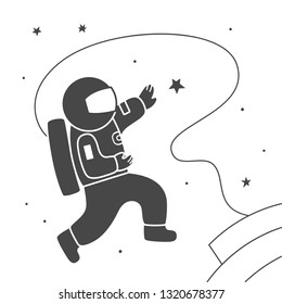 Vector illustration: single flat black astronaut in open space in cosmos observing stars isolated on white background. Icon for learning astronomy, astrophysics science and cosmic discovery,
