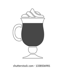 Vector illustration: single flat black and white cup of irish coffee with cream foam isolated on white background. Icon design for cafes, restourants, cafeteria, posters, banners, cards
