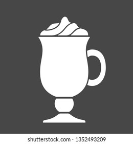 Vector illustration: single flat black and white cup of irish coffee with cream foam isolated on black ackground. Icon design for cafes, restourants, cafeteria, posters, banners, cards