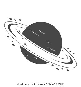Vector illustration: single flat black and white saturn planet with rolling rings in cosmos isolated on white background. Icon for learning astronomy, astrophysics science and cosmic discovery,
