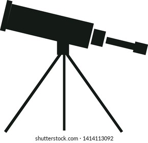 Vector illustration single flat black telescope with tripod isolated on background. Icon for planetarium, observatory, learning astronomy, astrophysics science and cosmic discovery