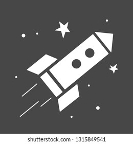 Vector Illustration: Single Flat Icon With Rocket Ship Flying In Open Space Cosmos With Starsisolated On Black Background. Project Start Up And Development Process. Innovation Product And Management.
