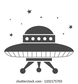 Vector illustration: single flat style icon with alien spaceship isolated on white background with stars. learning astronomy, astrophysics science, cosmic discovery and children's lessons,
