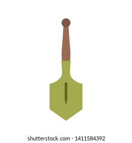Vector illustration: single flat style green and brown shovel isolated on white background. Icon design for farming, engineering, expeditions, digger, gardener, workman banners, cards
