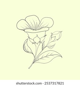 A vector illustration of a single flower with a long stem and leaves. The flower has a simple, elegant design and would be perfect for use in a variety of design projects. The image is available in bl