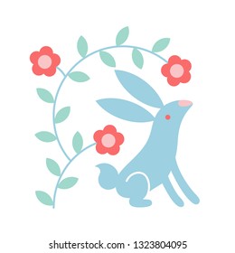 Vector illustration: single folk style blue bunny icon with flowers in pastel colors isolated on white background. Graphic design for Easter decoration, greeting cards and posters
