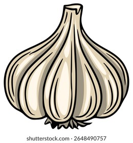 Vector illustration of a single garlic bulb, depicted in a stylized cartoon manner with bold outlines and beige color palette, showcasing its segmented structure and textured surface.