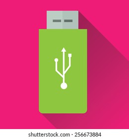 Vector illustration of single green USB Flash Drive flat icon in pink square background with diagonal shadow