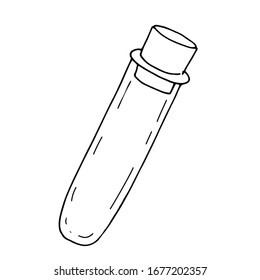 Vector illustration. Single hand drawn contour of empty medical flask with stopper isolated on white background. Simple doodle clipart in a trendy minimalism style.