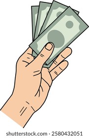 Vector illustration of a single hand holding banknotes, isolated on white background	