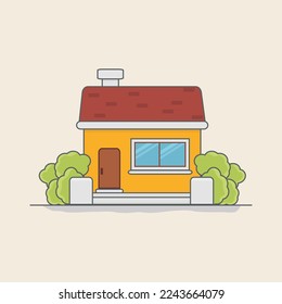 Ilustración vectorial de la vista frontal del icono del edificio de una sola casa diseñada en un sencillo estilo plano. Las paredes de color son amarillas, el techo es marrón y está equipado con puertas, ventanas, porche delantero y árboles verdes.  