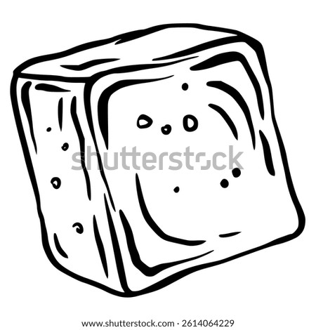 Vector illustration of a single Ice Cube in sketch style. Linear drawing of frozen block for beverage and cocktail design projects. Monochrome etching painted by black inks for cookbook or menu design
