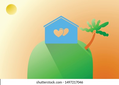 vector illustration of single isolated house on hill with coconut tree, sunset or sunrise scene. nature view scene.
