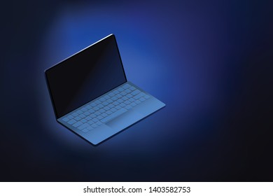 Vector illustration of single Laptop is emitting light on dark blue  background 