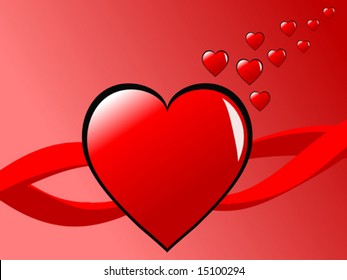 A vector illustration with a single large red heart surrounded by two ribbons on a pink graduated background with smaller hearts floating into the distance