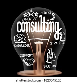 Vector Illustration of single light bulb with icons and shining fibers in a shape of Consulting, Expertise, Service, Knowledge and Strategy concept related words isolated on black background