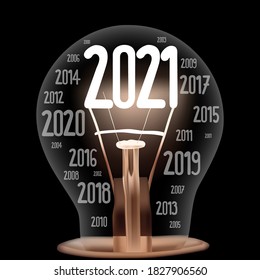 Vector Illustration of single light bulb with fiber in a shape of New Year 2021 and years passed isolated on black background.