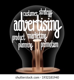 Vector illustration of single light bulb with shining fibers in a shape of Advertising, Strategy, Customer and Marketing concept related words isolated on black background