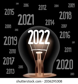 Vector Illustration of single light bulb with fiber in a shape of New Year 2022 and years passed isolated on black background.